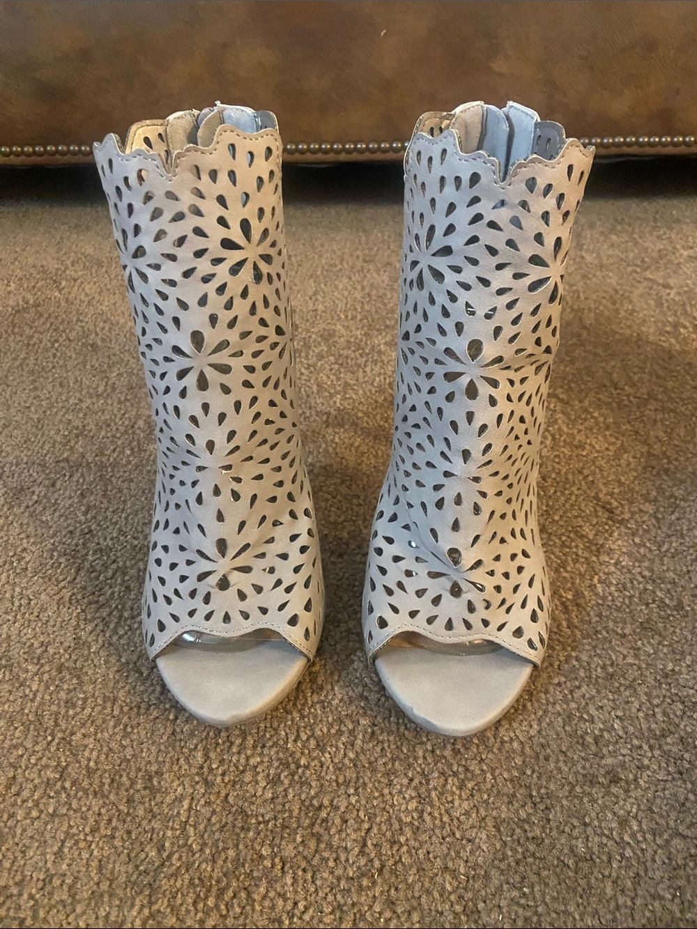 Delicious Laser-Cut Peep-Toe Heeled Booties - Light Gray